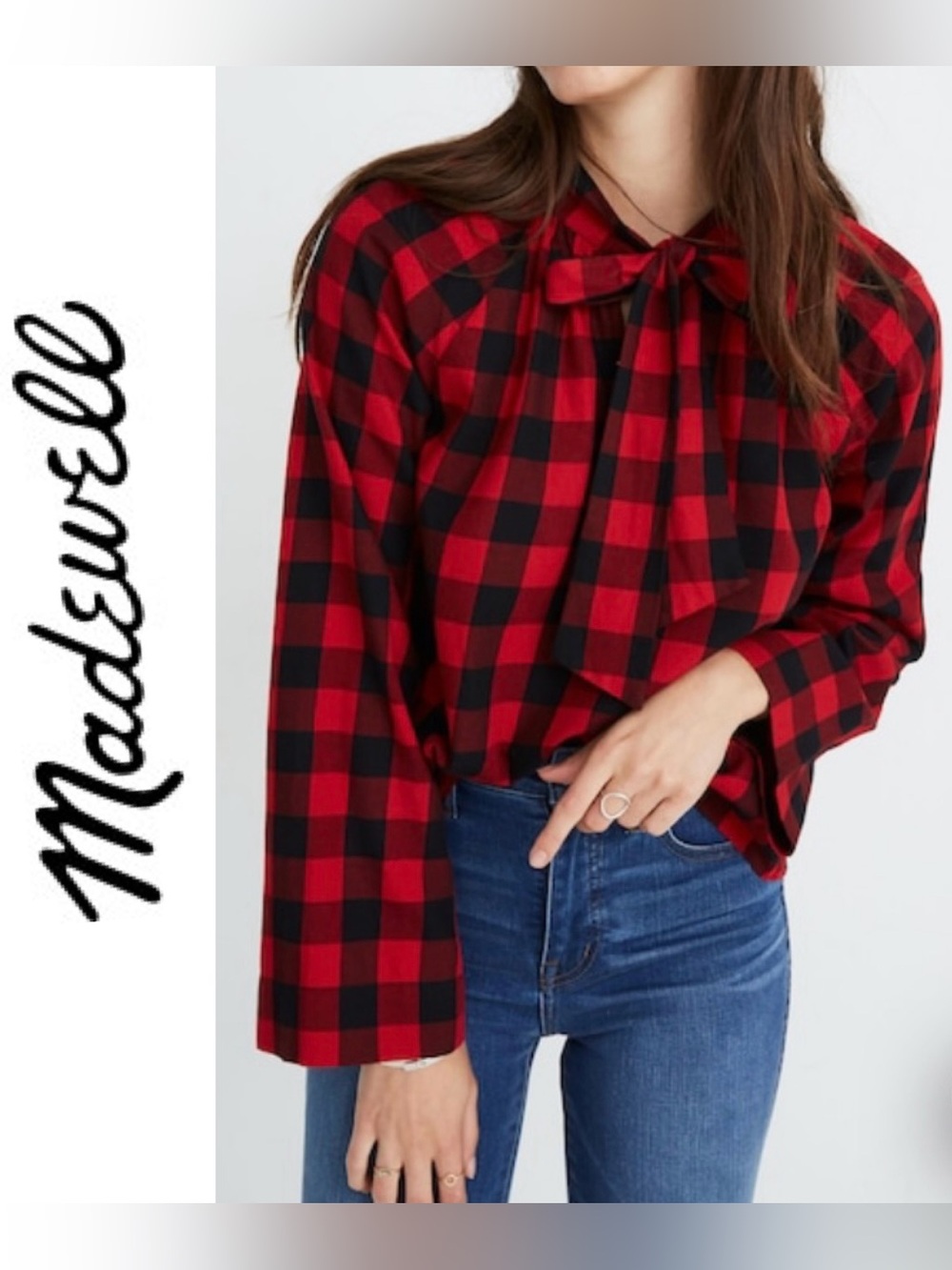 Madewell Women’s Sz M Tie-Neck Popover Shirt‎ in Buffalo Check